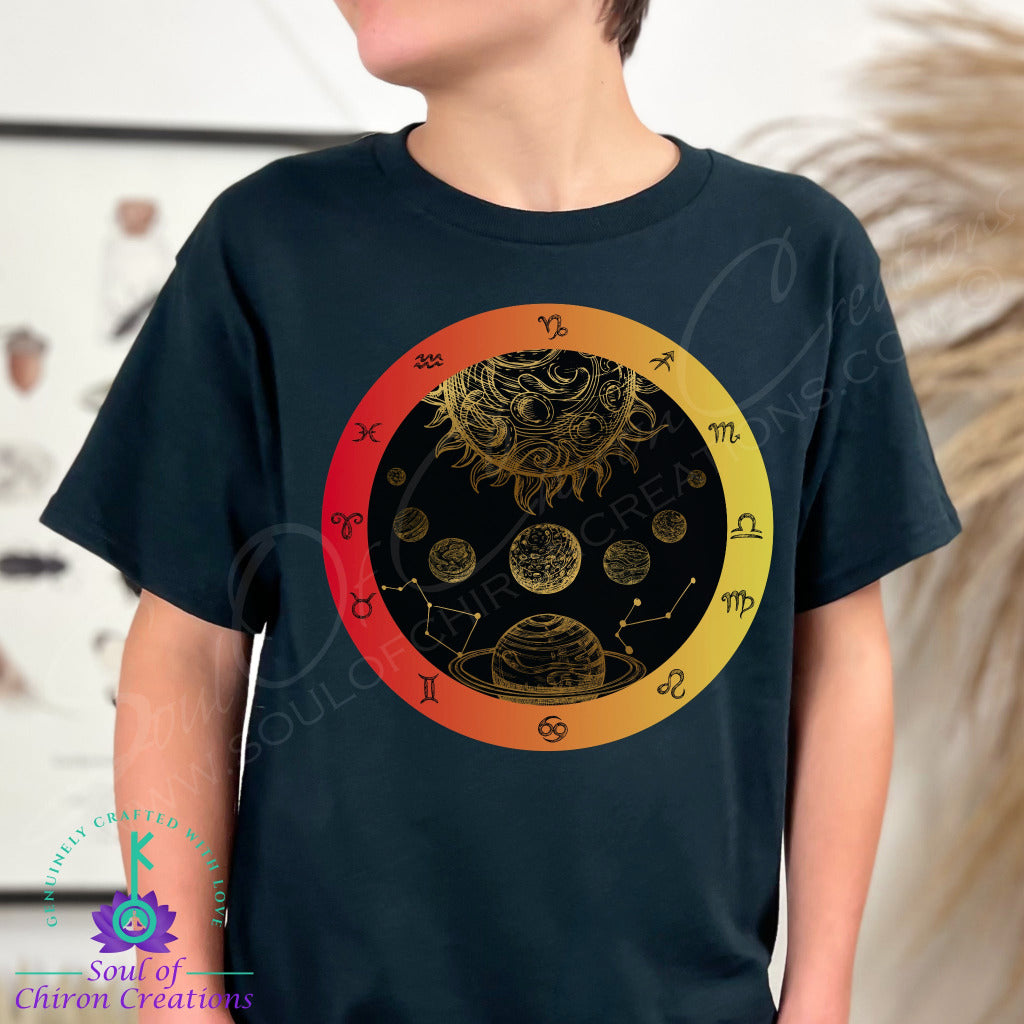 Boy's Solar Flare Serenity Zodiac Wheel Black Tee
