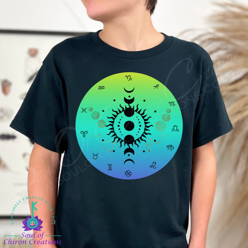 Boy&#39;s Vibrant Gradient Zodiac Wheel Black T-Shirts