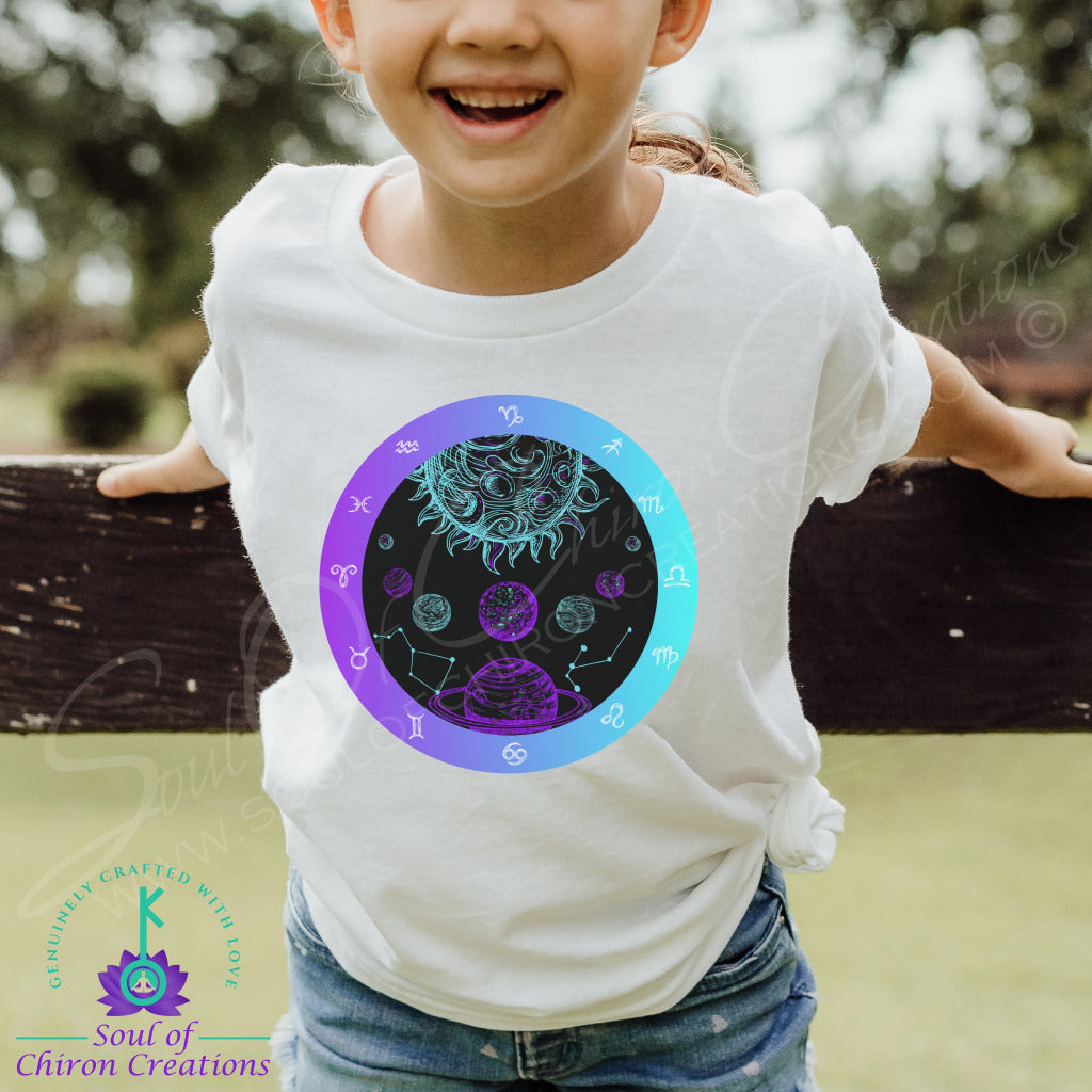 Girl's Black Nightscape Zodiac Wheel T-Shirt - White