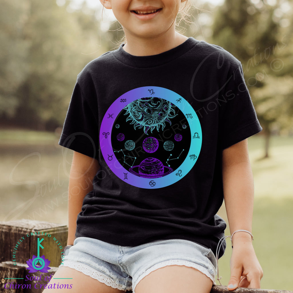 Girl&#39;s Black Nightscape Zodiac Wheel T-Shirt - Black