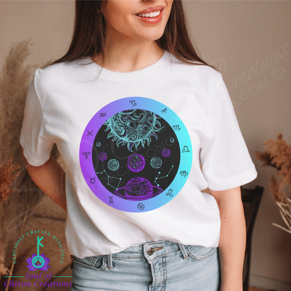 Women's Black Nightscape Zodiac Wheel T-Shirt - White