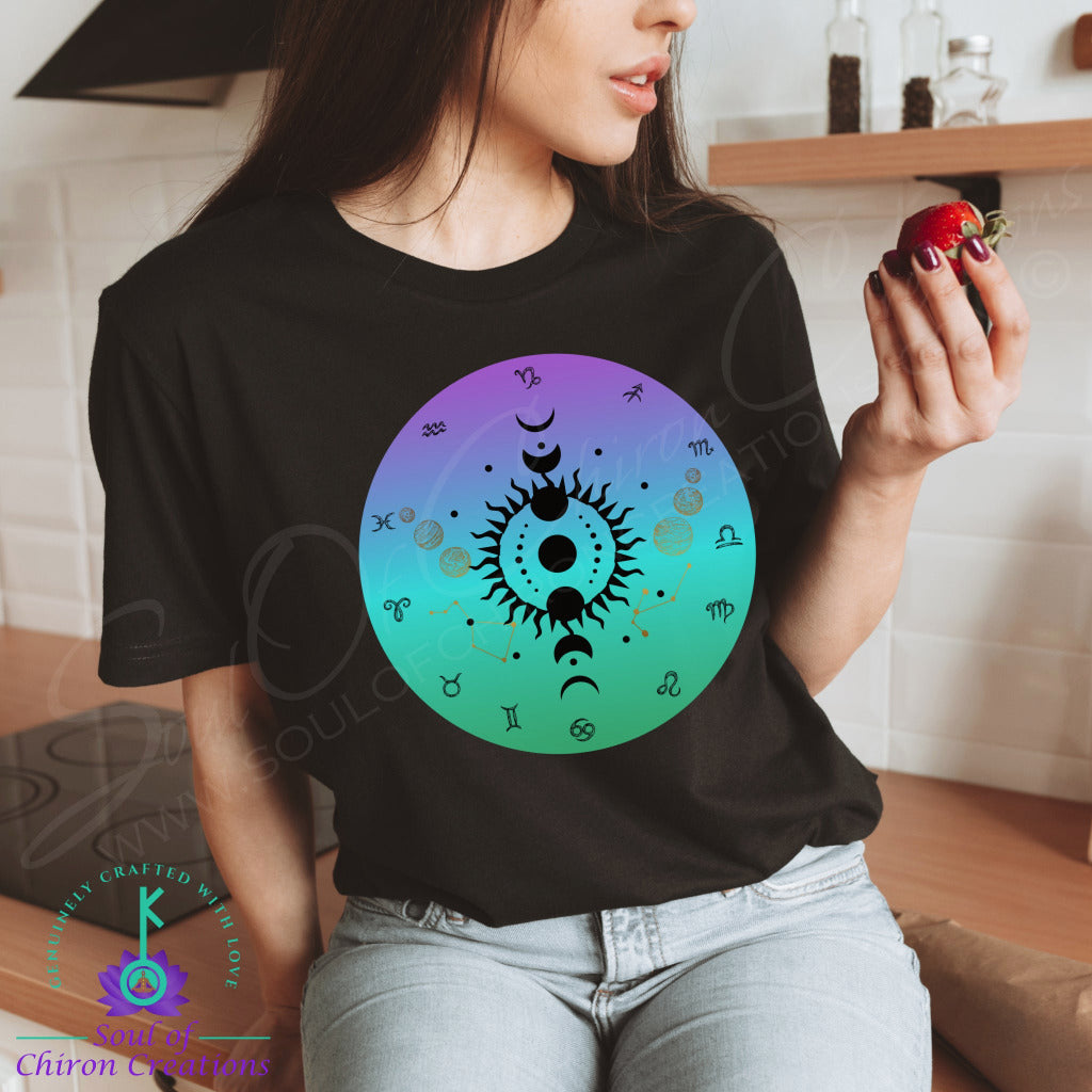 Women&#39;s Fluorite Astrological Wheel T-Shirts - Black