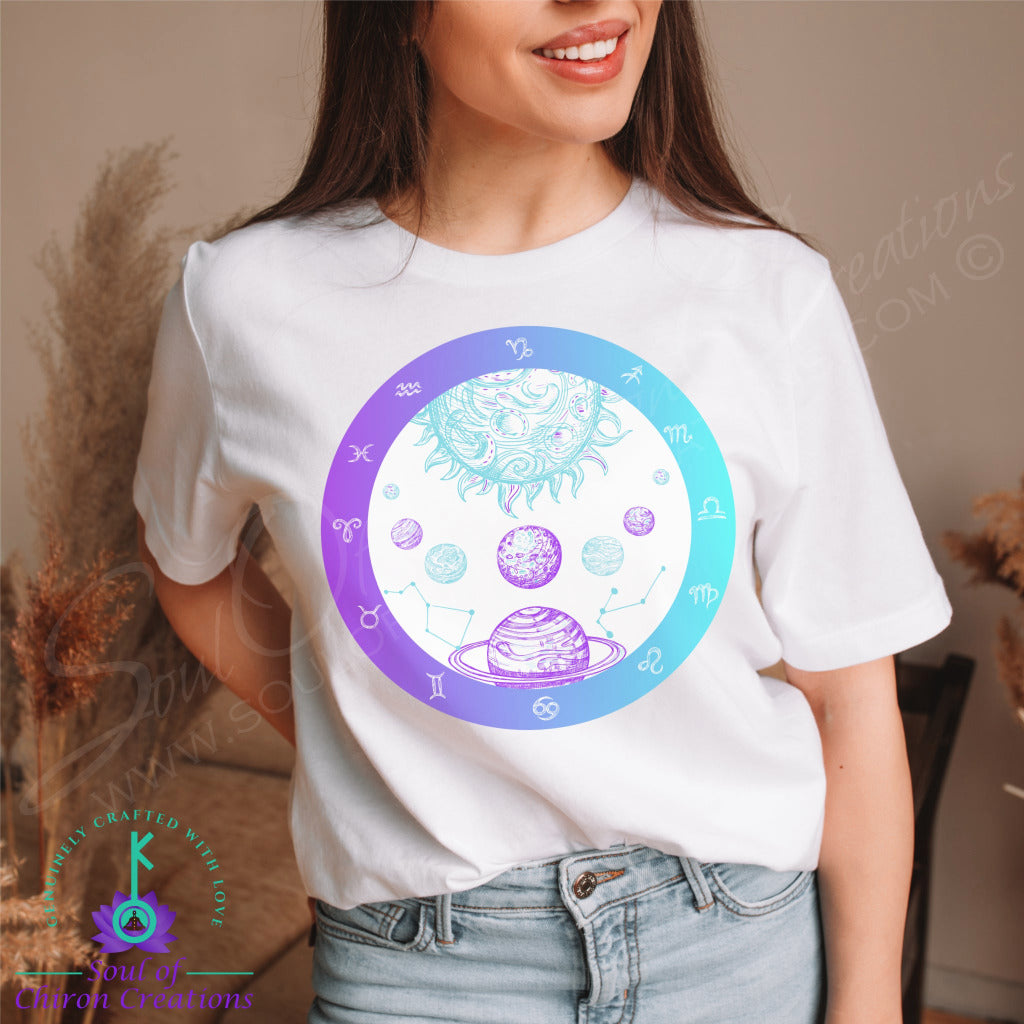 Women's White Astrology Illustration T-Shirt - Black