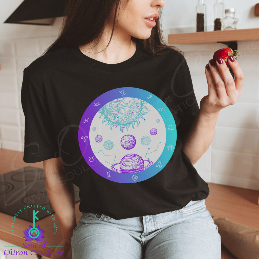 Women&#39;s White Astrology Illustration T-Shirt - Black