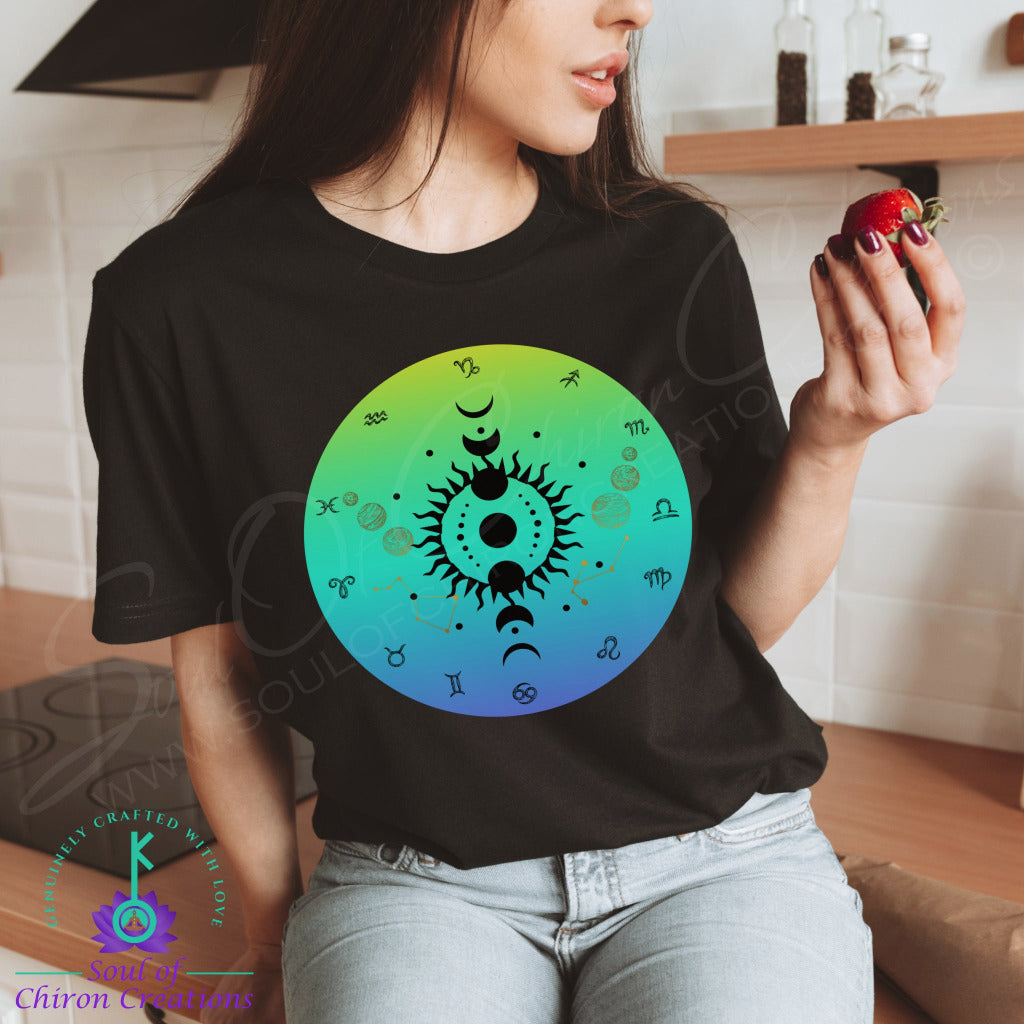 Women's Radiant Green Zodiac Wheel T-Shirts - Black